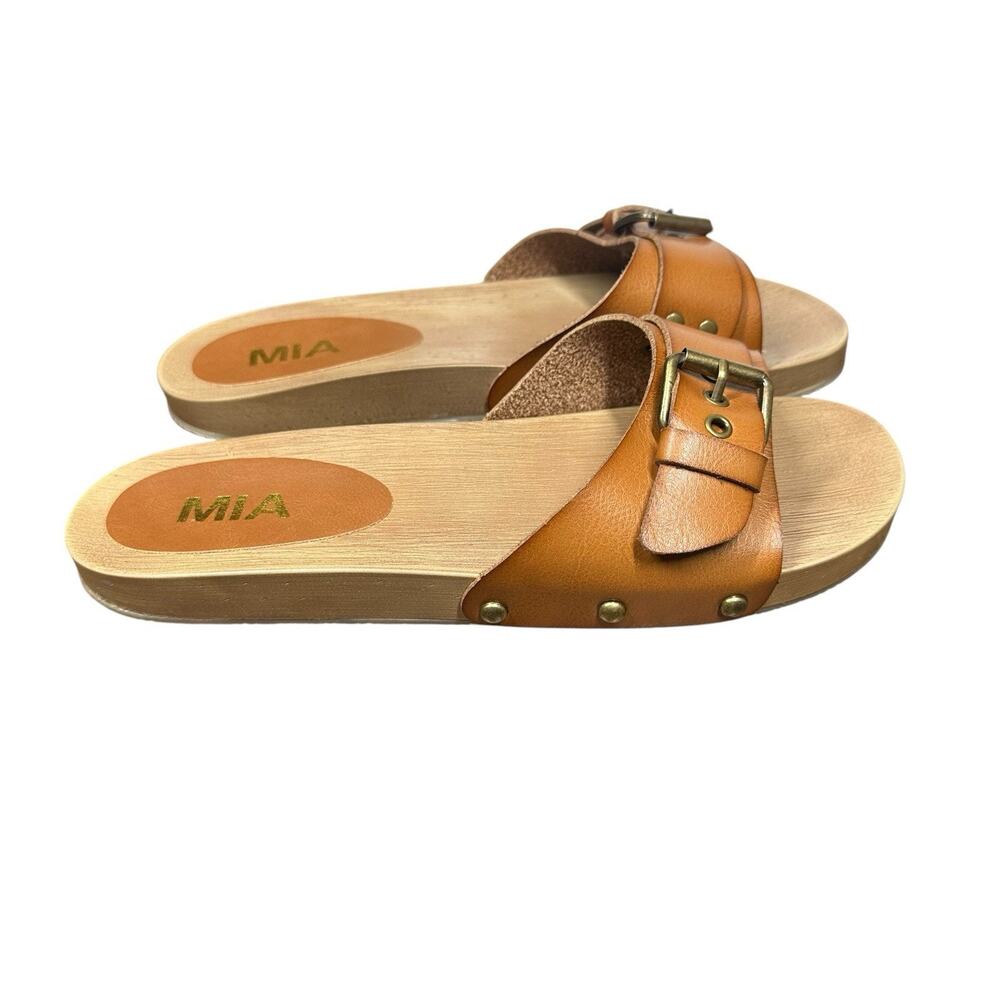 Womens MIA Thia Brown Faux Leather Buckle Clog Slide Sandals Size 9M